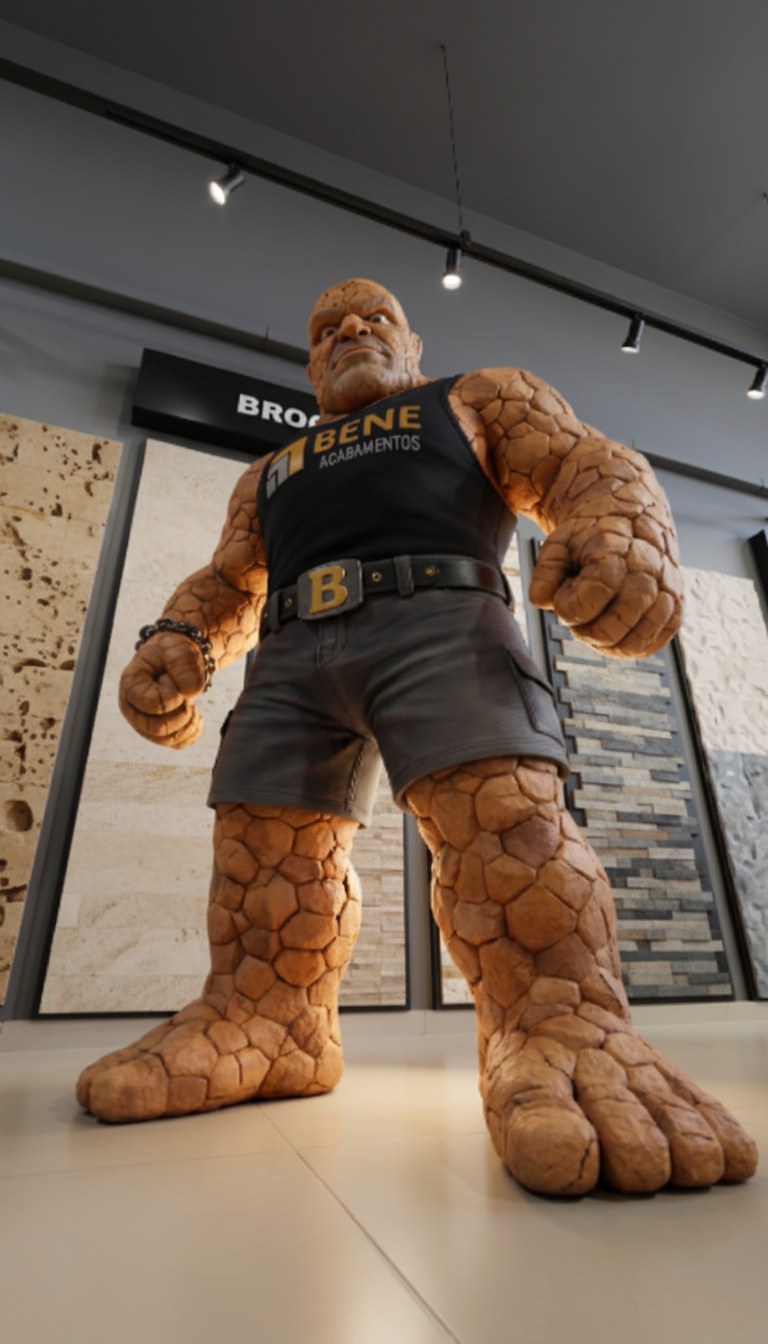 O personagem da Bene Acabamentos, feito de pedra, no showroom entre painéis de travertino e revestimentos naturais — Ijuí/RS